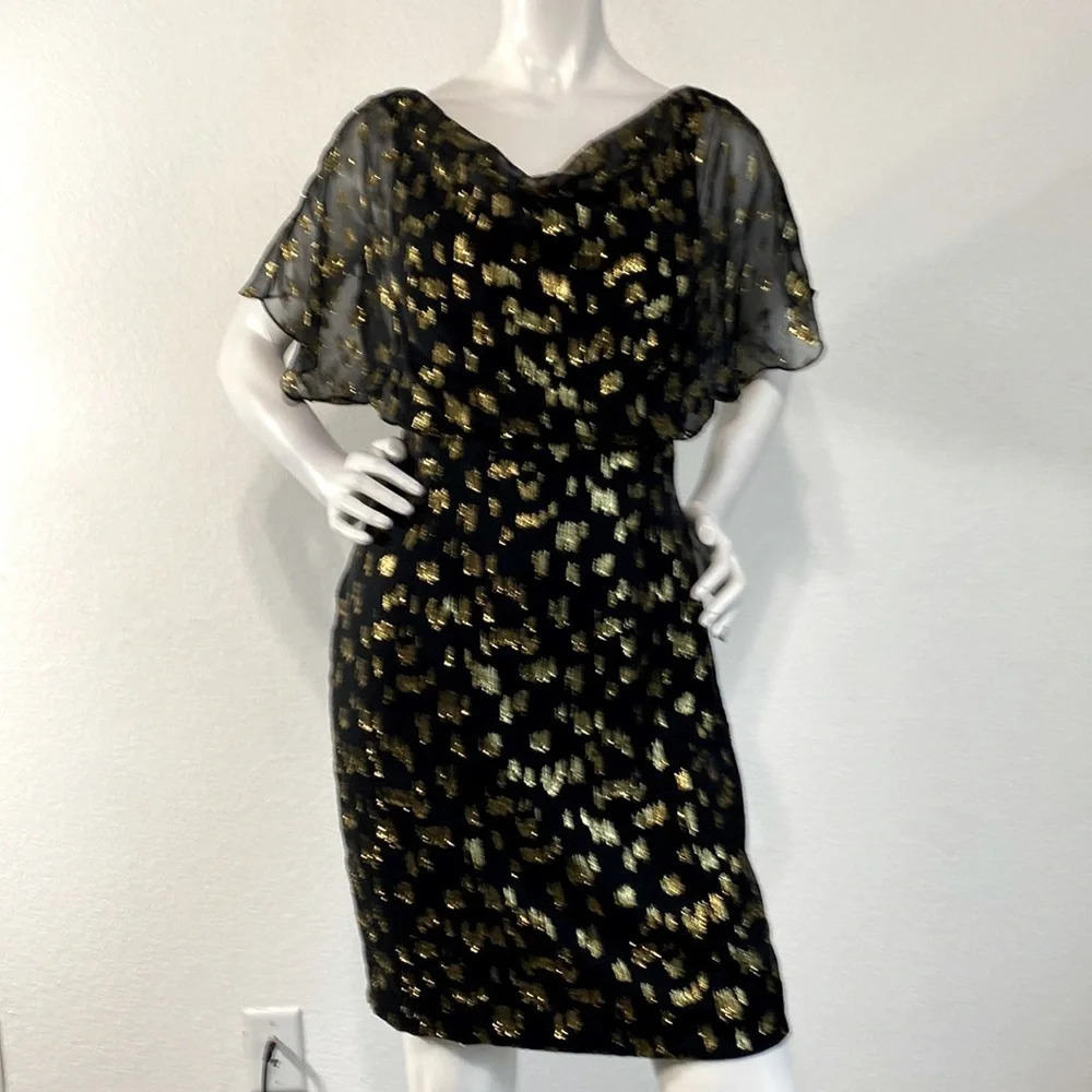 Kay Unger Metallic Silk Blend Sheer Overlay Flare Sleeve Above Knee Dress Size 4